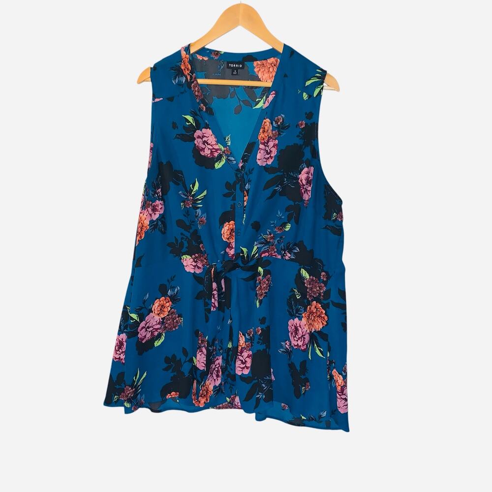Torrid Teal Floral Tie-Front Peplum Sleeveless Blouse 3x